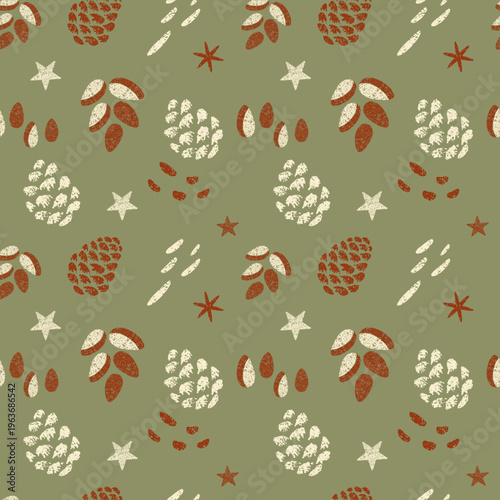 Minimalist block print seamless pattern featuring pine cones, stars, and seeds on sage green in textured linocut style.