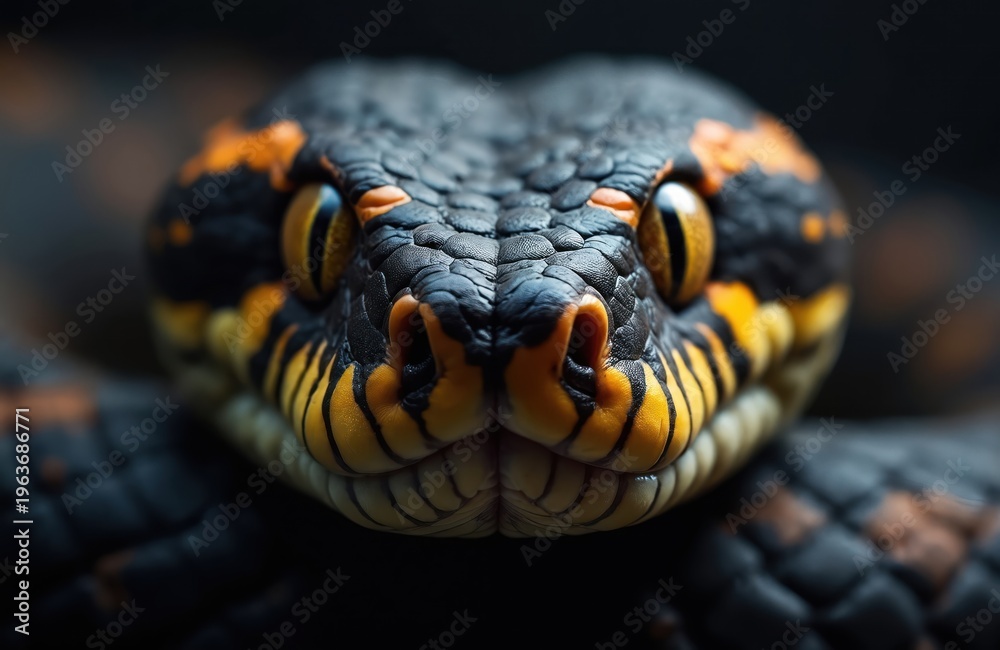 Obraz premium Close-up macro shot of black and orange snake head. Reptile scales and yellow eyes visible. Dark background for intense animal portrait. Wildlife creature detailed texture.