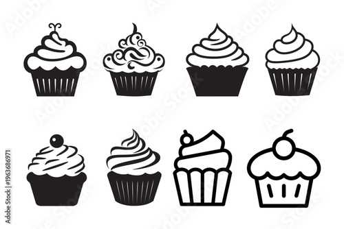 Cupcake Silhouette Icon Set Sweet Dessert Bakery Collection