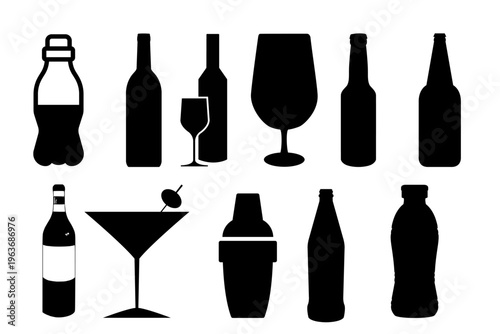 Alcohol Beverage Bottle Icon Set Wine Beer Cocktail Drink Collection