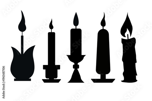 Candle Silhouette Icon Set Wax Flame Light Decorative Collection