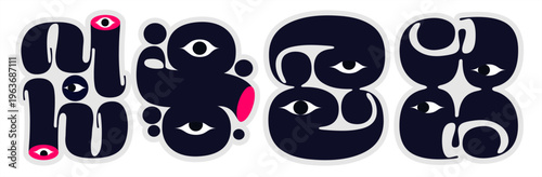 Abstract illustration featuring stylized, interconnected shapes with eye motifs in dark blue and pink. The design creates a playful and mysterious visual effect.