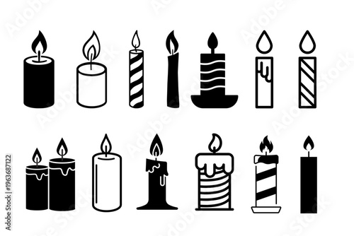 Birthday Candle Flame Icon Set Celebration Party Wax Light Collection