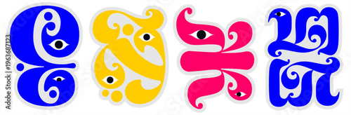 Colorful abstract illustration featuring stylized shapes with eye motifs in blue, yellow, and pink. The design combines elements of surrealism and modern art, creating a unique visual experience.