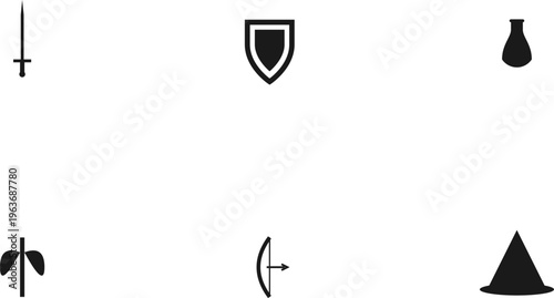 Hand-drawn Set of minimalist black fantasy role playing game icons on a white background authentic illustration