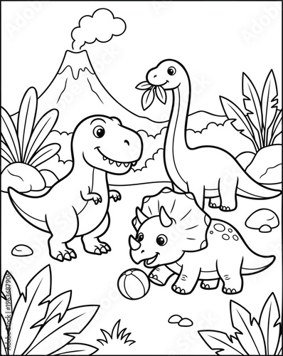 Cute Cartoon Dinosaurs Playing in Prehistoric Jungle with Volcano Background Line Art