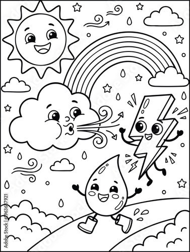 Cute Weather CharactersSun Cloud Rainbow Lightning RaindropColoring Page Style