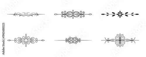 Set of black scroll embellishments vector isolated on white background.
