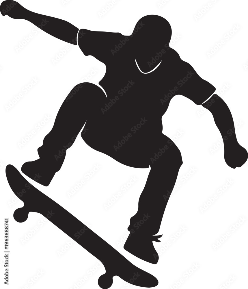 Obraz premium Black silhouette of a skateboarder performing an ollie or jump trick in mid-air, showcasing dynamic action and movement against a white background.