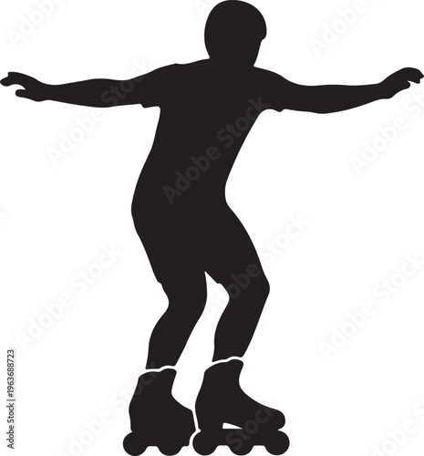 Silhouette of a person rollerblading with arms outstretched for balance, wearing a helmet, depicting a dynamic action.