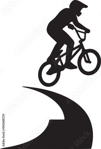 Silhouette of a BMX rider performing a jump off a ramp, depicting extreme sports action.