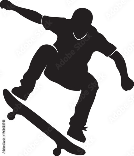 Black silhouette of a skateboarder performing an ollie or jump trick in mid-air, showcasing dynamic action and movement against a white background.