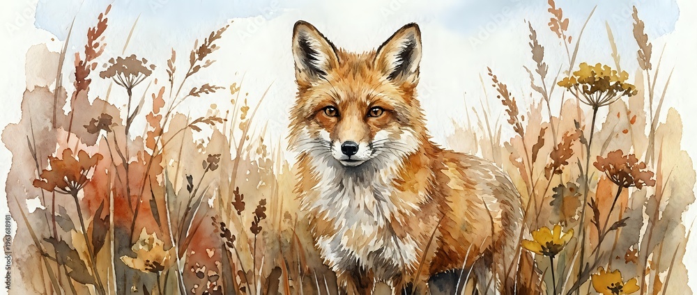 Obraz premium Red fox sitting in autumn meadow with golden grass and wildflowers. Watercolor wildlife illustration for nature designs, educational materials, prints.