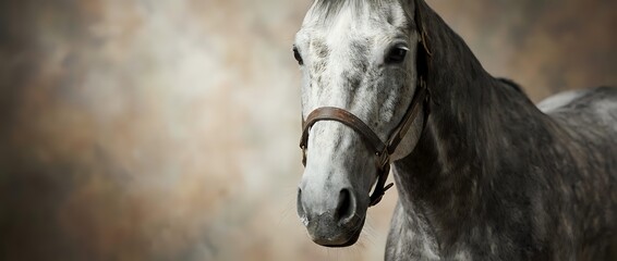 Majestic gray horse portrait with leather halter against soft blurred background, showcasing equine beauty and grace for equestrian and animal photography.