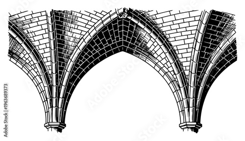 Architectural sketch of gothic vaulted arches and medieval stone masonry ceiling