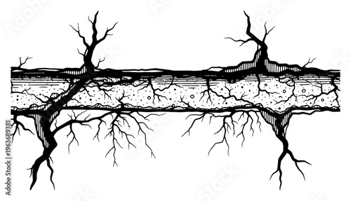 Detailed cross section of ground with tree roots and dry branches in engraving style