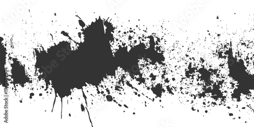 Black ink splat and grunge paint splatter texture design featuring a dark spray blot and liquid drip element on a dirty brush stroke illustration vector