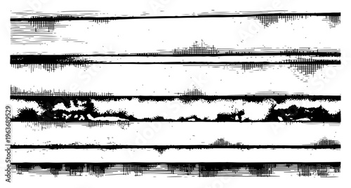 Collection of horizontal grunge borders with cross hatching and distressed ink textures in engraving style