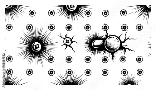 Hand drawn vintage industrial rivet heads and metal screws with sunburst rays and cracks