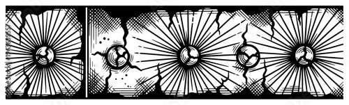 Dramatic hand drawn vintage industrial rivets with intense sunburst rays and deep cracks in a border