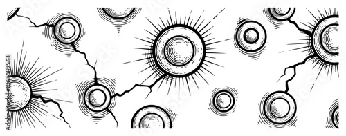 Vintage engraving style industrial studs and rivets with radial rays and cracked surface textures