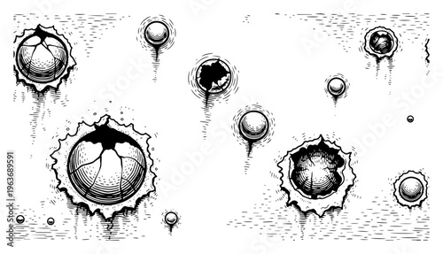 Hand drawn engraving style sketch of cracked round stones creating impact craters on a surface
