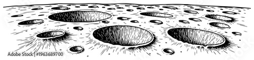 Vintage hand drawn landscape of lunar surface with craters and horizon