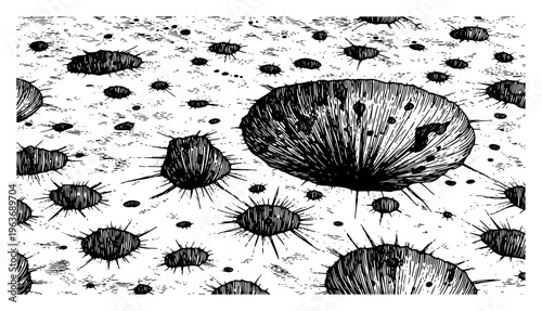 Hand drawn vintage engraving of moon surface with deep impact craters