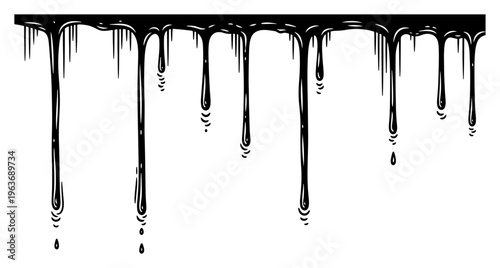 Black ink dripping liquid border with long hanging drops
