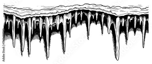 Hand drawn sketch of sharp frozen icicles hanging from a roof