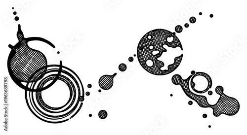 Abstract composition of floating bubbles and liquid spheres in engraving style