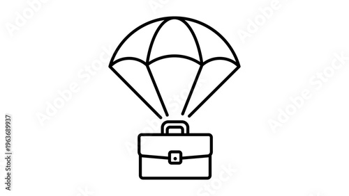 Minimalist black line vector icon of a briefcase attached to a parachute, symbolizing a golden parachute, corporate exit strategy, business severance package, and financial safety net.