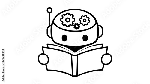 Machine Learning and Artificial Intelligence Vector Icon: A Minimalist Black Line Illustration of a Cute Robot Reading a Book with Gears in its Head, Representing Deep Learning and Education.