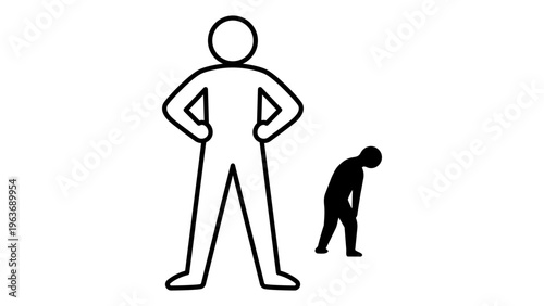 Imposter syndrome vector icon illustration featuring a confident person standing with hands on hips casting a shadow of a slumped defeated figure, representing self-doubt and inner insecurity.