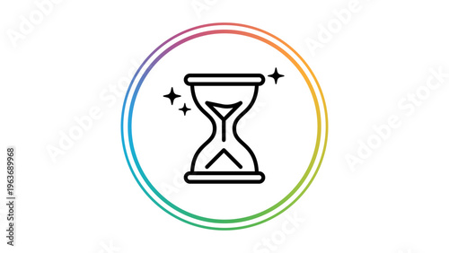Minimalist hand-traced black line vector icon of an hourglass with stars inside a rainbow circle, representing ephemeral content, social media stories, time management, and countdown, isolated.