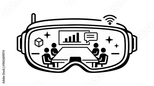 Metaverse Virtual Reality Meeting Vector Icon Illustration, Minimalist Black Line Art of a VR Headset Showing a Digital Office Collaboration with Avatars, Charts, and 3D Objects on White Background