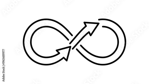 Minimalist black line vector icon of an infinity symbol with arrows representing circular economy, sustainability, recycling, and continuous loop on a white background for eco-friendly design.