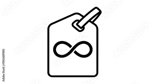 Unlimited Paid Time Off (PTO) minimalist black line vector icon on white background. Scalable illustration featuring a tag with an infinity symbol, representing employee benefits and vacation time.