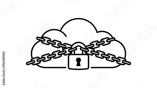 Cloud security vector icon illustration featuring a minimalist black line drawing of a cloud wrapped in chains and secured with a padlock on a white background for data protection and safety.