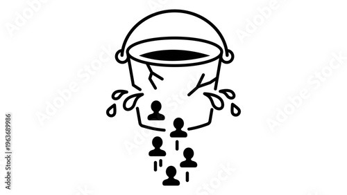 Customer Churn Vector Icon Illustration: A Minimalist Black Line Art Representing Client Attrition and Retention Loss with a Leaking Bucket and Falling People Symbols on a White Background.
