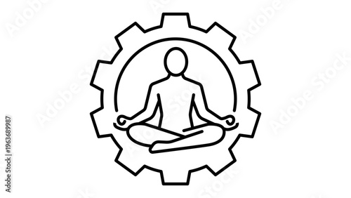 Corporate Wellness and Mindfulness Vector Icon: Minimalist Black Line Illustration of a Person in Yoga Lotus Pose Inside a Gear Cogwheel Representing Work-Life Balance and Mental Health.