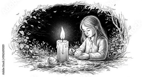 Girl happily painting Easter eggs by candlelight in a magical forest setting