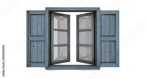 Rustic blue wooden window with open shutters and glass panes