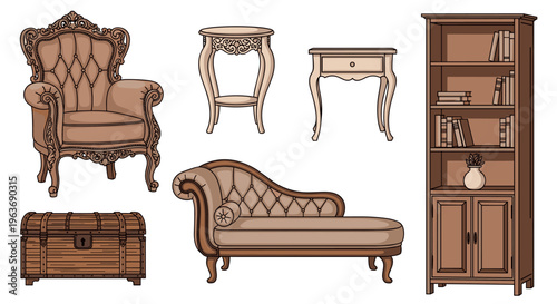 Collection of antique furniture pieces including a chaise lounge, armchair, and bookshelf