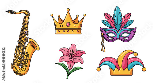 Mardi Gras symbols including a saxophone, crown, mask, lily, and jester hat