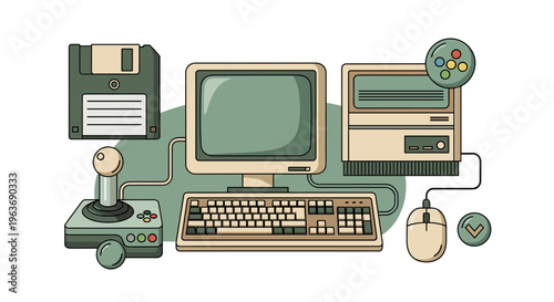 Retro computer setup with floppy disk, joystick, and mouse, evoking nostalgia for early computing