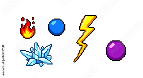 Pixel art icons representing elements: fire, ice, lightning, and magic orbs
