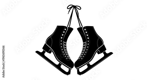 Pair of black ice skates hanging by laces, isolated on white background