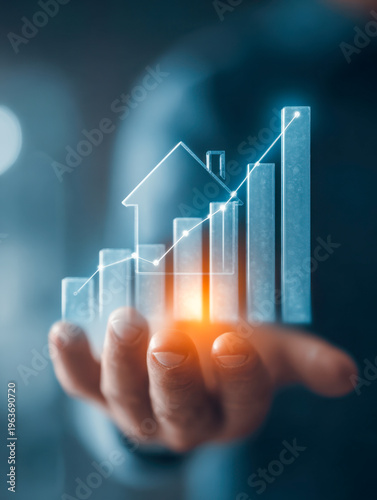 Hand holding transparent ascending bar chart with glowing house outline and upward trend line symbolizing real estate market growth and investment potential