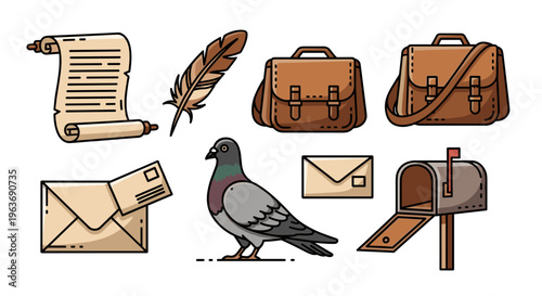 Vintage and modern postal communication elements arranged together on a white background